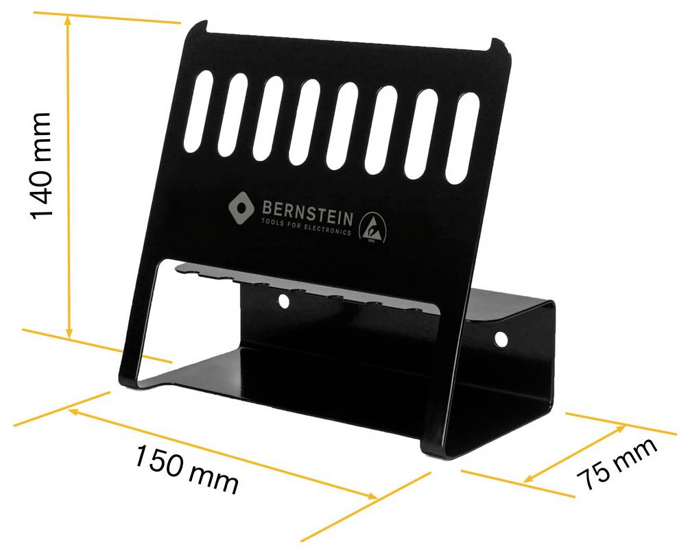 Černý, kovový držák s textem „Bernstein Tools For Electronics", měřící 140 mm na výšku, 150 mm na šířku a 75 mm do hloubky.