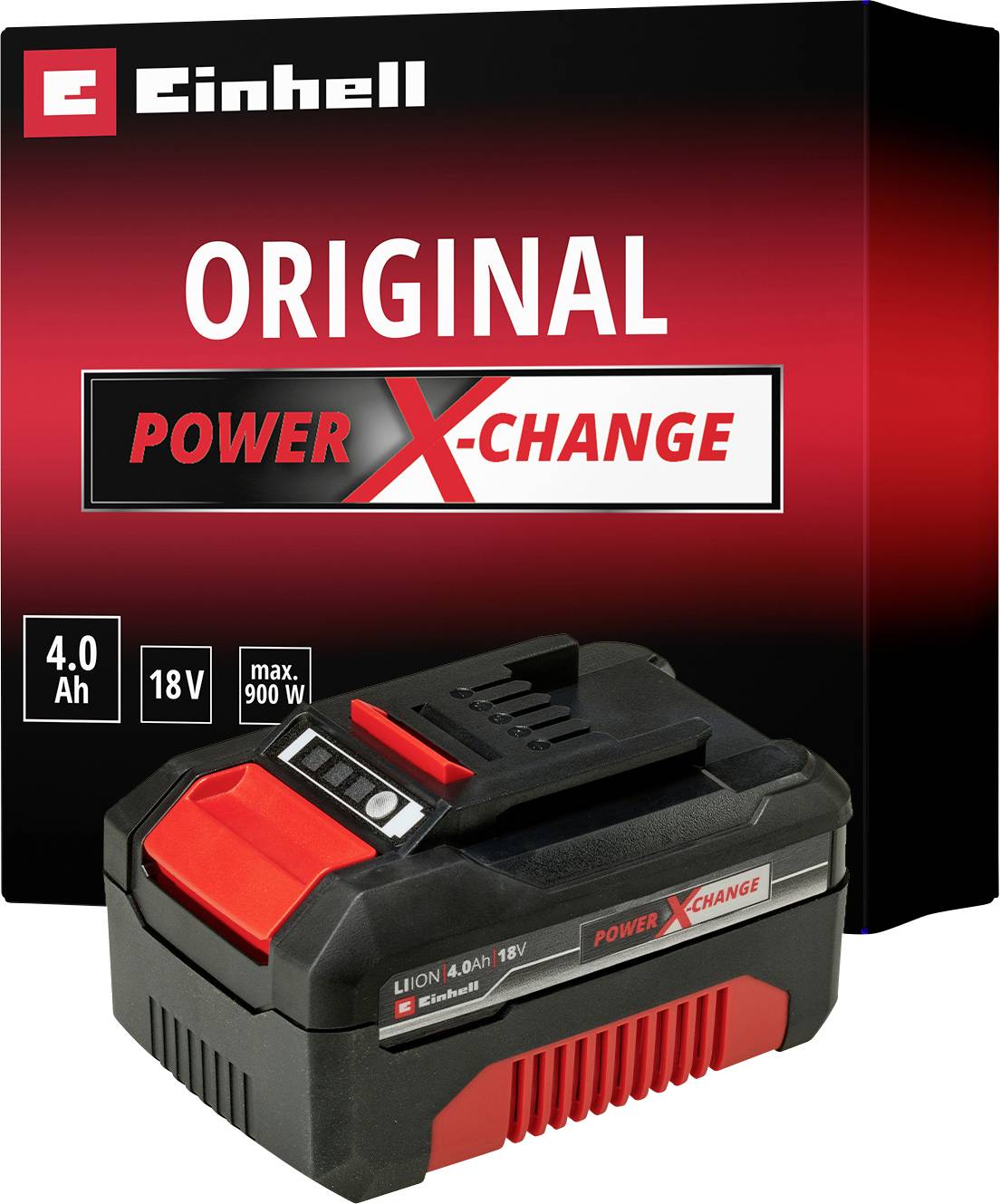 'Dva akumulátory Einhell Power X-Change s LED indikátorem stavu nabití a červeným pouzdrem.'