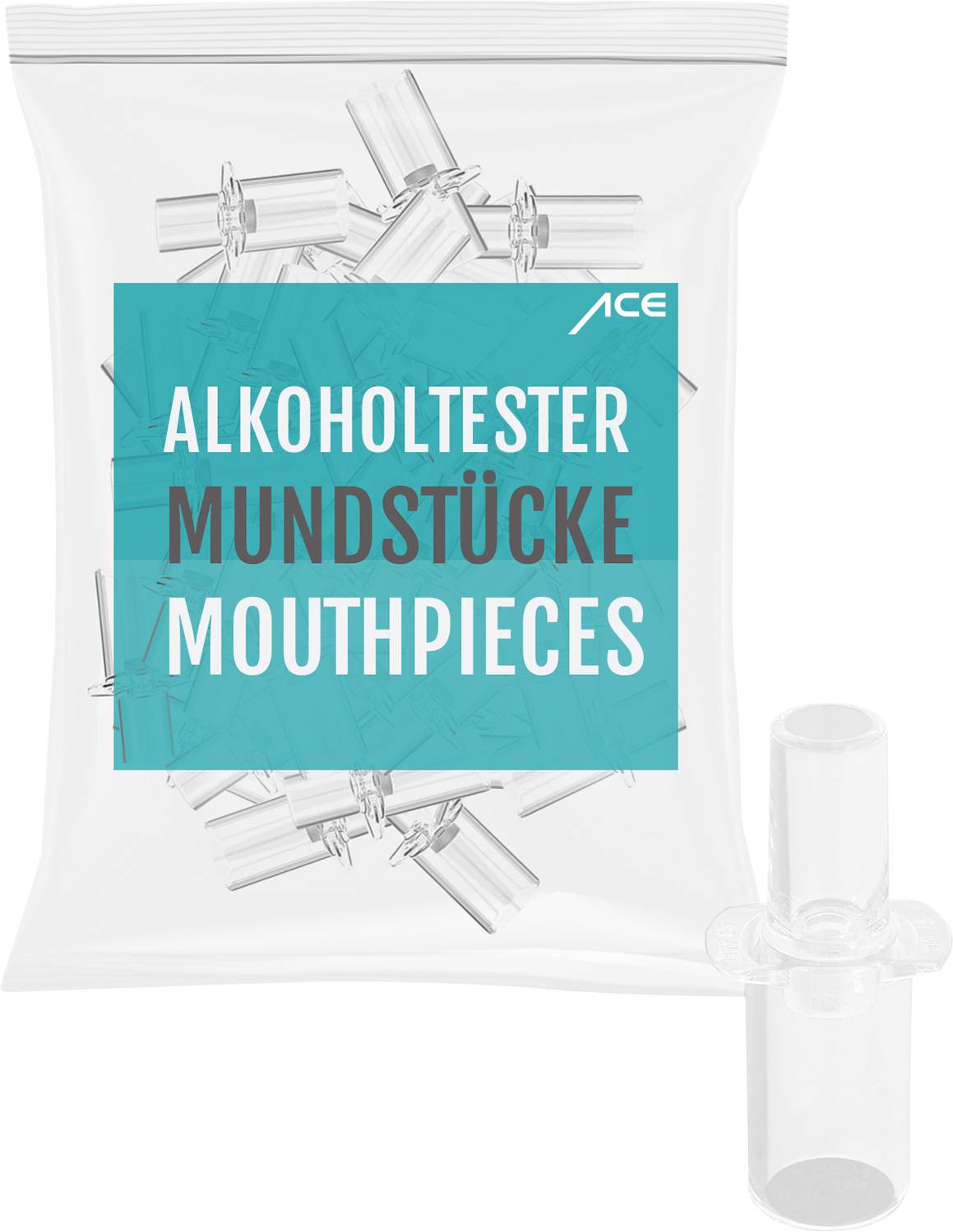 Plastová nádoba s nápisem 'Alkoholtester Mundstücke Náústky'. Jeden náústek je zobrazen vedle obalu.