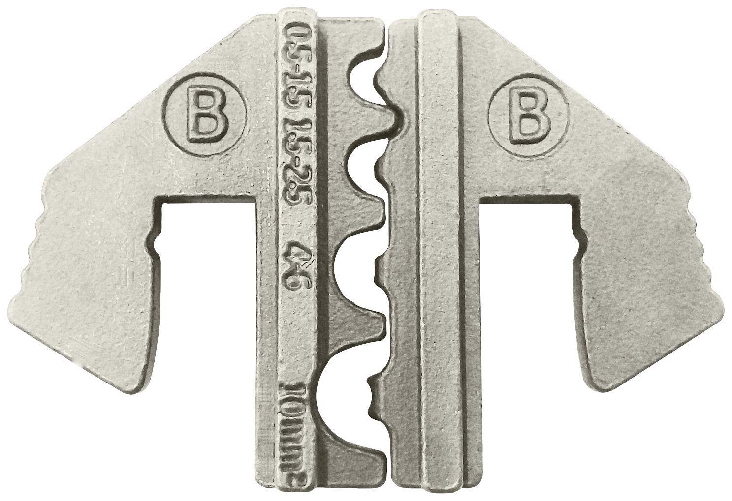 Kovový objekt se symetrickým designem, označený písmenem 'B', obsahuje stupnice '05-15 15-25' a '10 mm'.