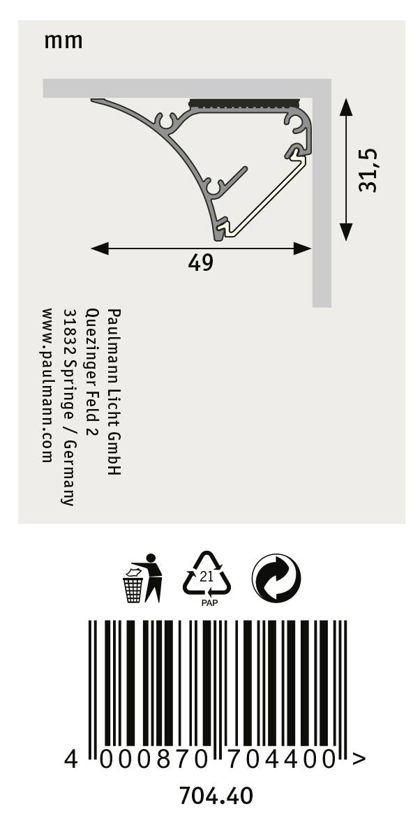 Příčný řez LED profilem s rozměry (šířka 49 mm, výška 31,5 mm). Výrobce: Paulmann Licht GmbH. Čárový kód dole.