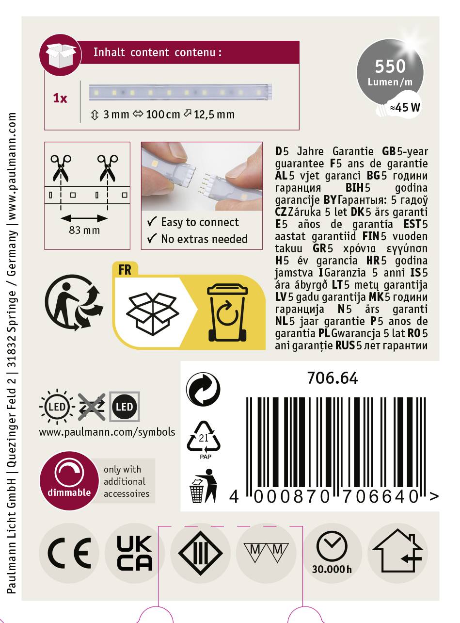 LED lampa, 550 lumenů, náhrada 45W, délka 3 m, průměr 12,5 mm. Včetně adaptéru. Záruční informace: 5 let.