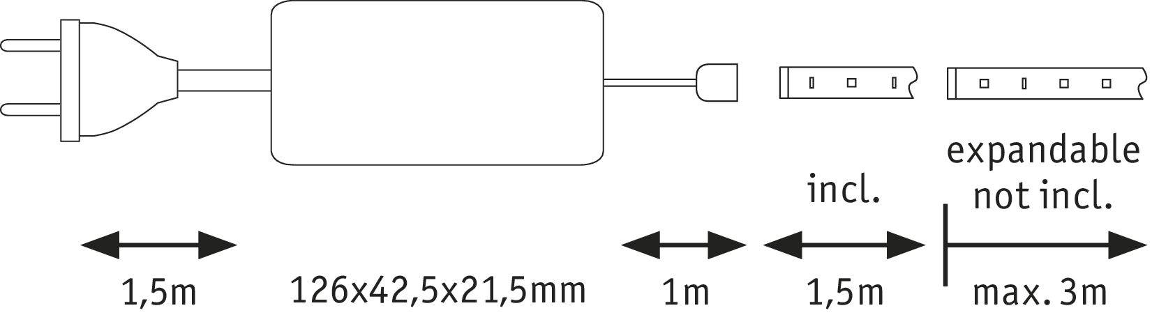 Rozměry napájecího zdroje: 126 x 42,5 x 21,5 mm. Kabel: 1,5m včetně, 1,5m volitelně. Maximální celková délka: 3m. Rozšiřitelné, není součástí dodávky.