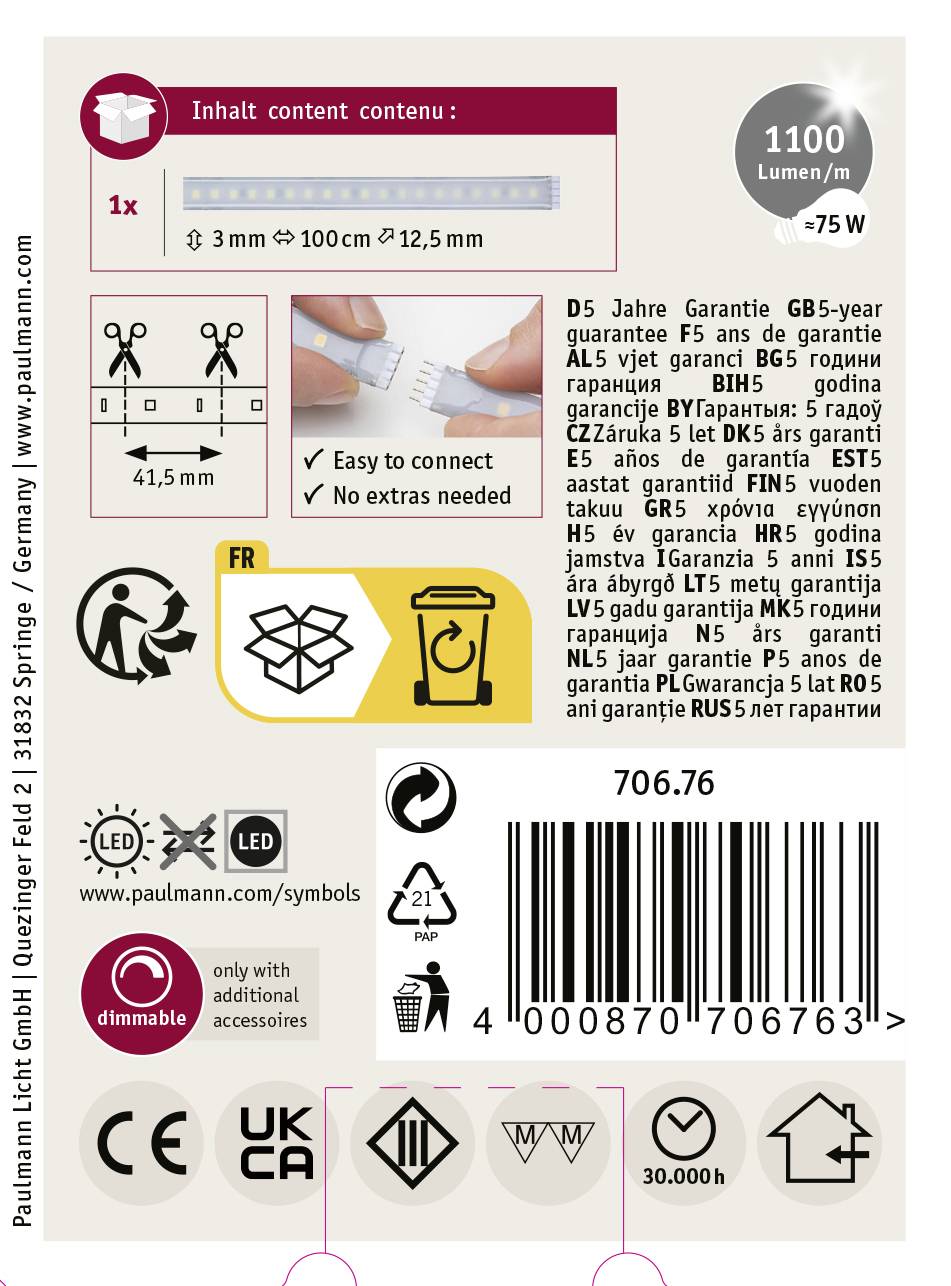 Zadní strana obalu žárovky s informacemi a symboly: 1100 lumenů, 75W, stmívatelná, životnost 30.000 hodin, loga energetických tříd.