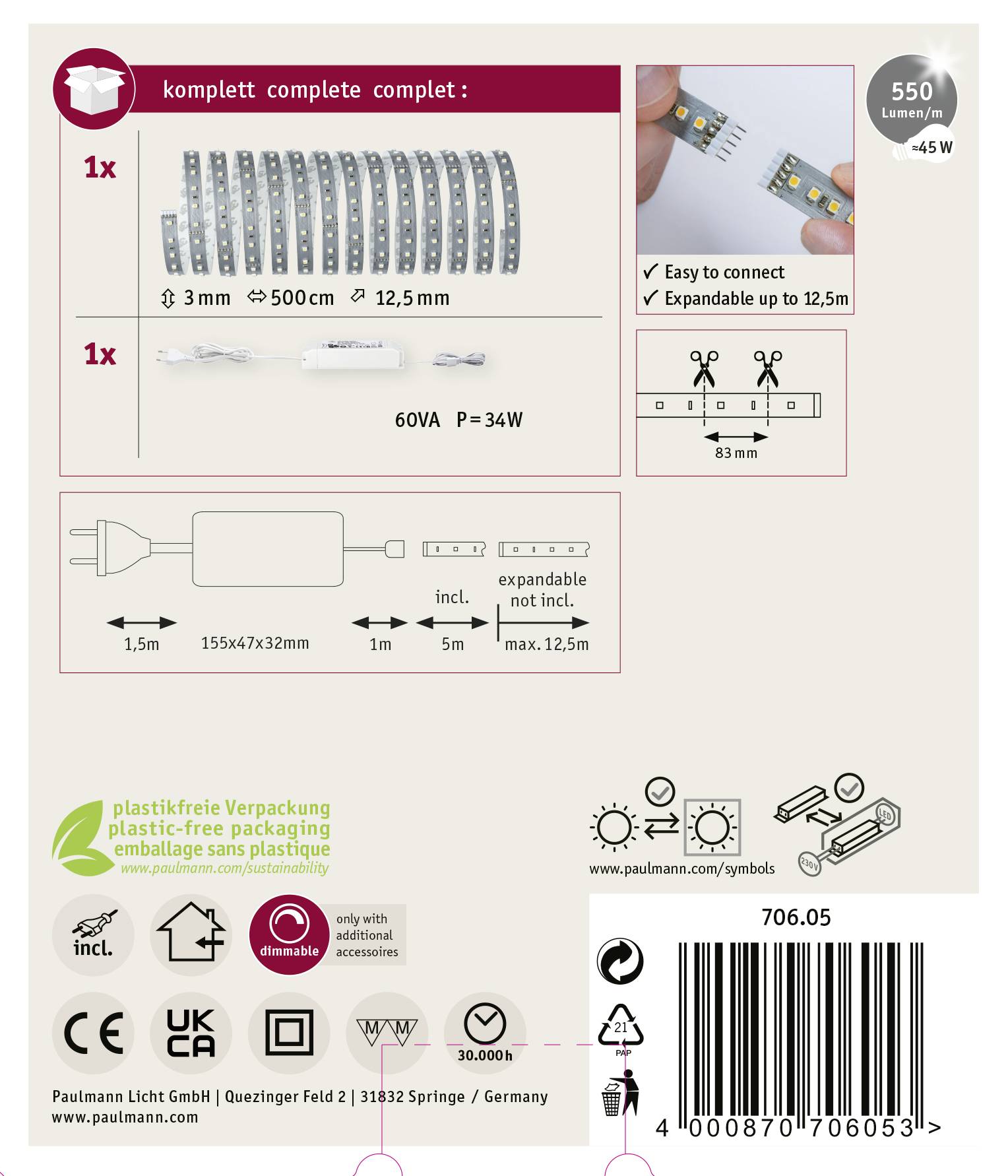 'Kompletní sada: 550 cm LED pásek, rozšiřitelný až na 12,5 m. Včetně napájecího zdroje (60VA, P=34W). Balení bez plastů. Produktové informace a piktogramy.'
