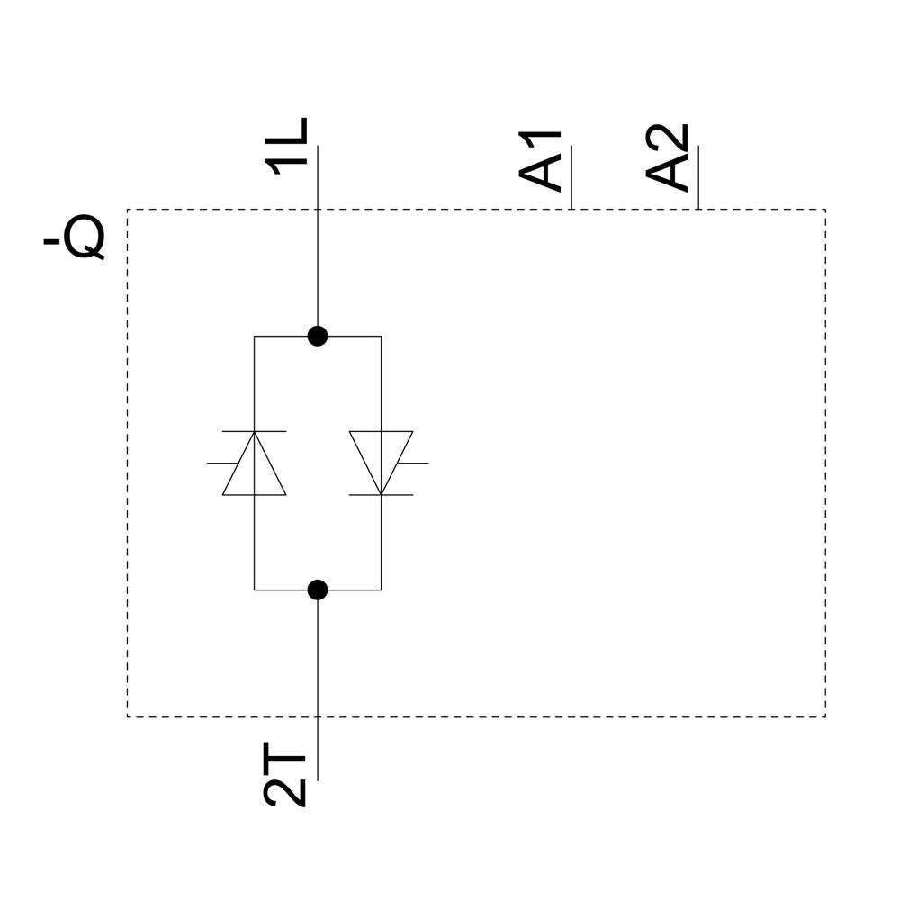 Schéma elektrického obvodu s obdélníkem obsahujícím dvě diody uvnitř, propojené mezi svorkami 1L, 2T, A1 a A2.