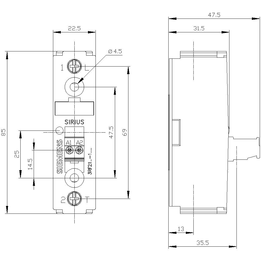 Technický výkres stykače Siemens Sirius s pohledem zepředu a z boku, rozměry v milimetrech pro instalaci.