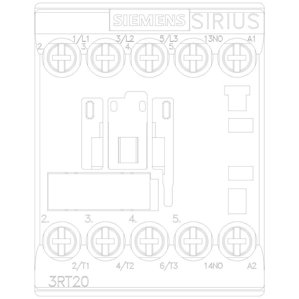 Nákres stykače Siemens Sirius. Nahoře jsou přípojky L1, L2, L3, pod nimi svorky 1 až 5 a další přípojky: 13NO, 14NO.