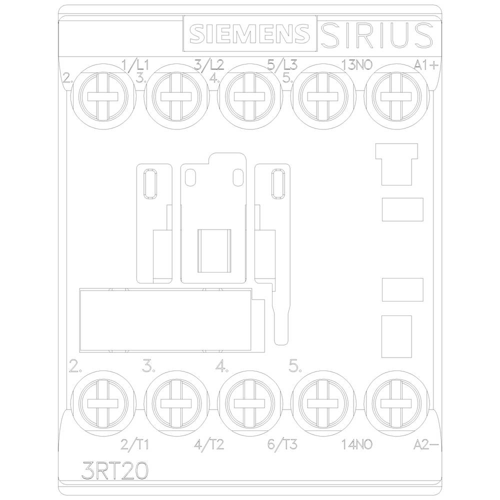 Schéma zapojení stykače Siemens SIRIUS 3RT20 s označenými svorkami L1, L2, L3, A1+, A2-, 13NO, 14NO pro elektrické obvody.