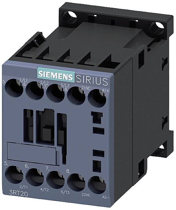 Siemens SIRIUS stykač 3RT20, elektrické spínací zařízení v tmavě šedé barvě s několika přípojkami, určené pro průmyslovou automatizaci.