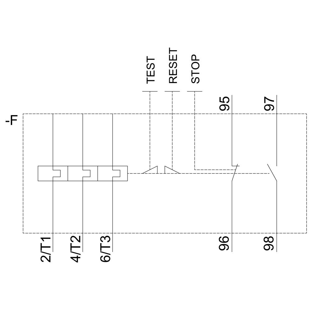 Diagram elektrického zapojení s linkami: TEST, RESET, STOP. Přípojky jsou označeny čísly jako 2/T1, 4/T2, 6/T3.