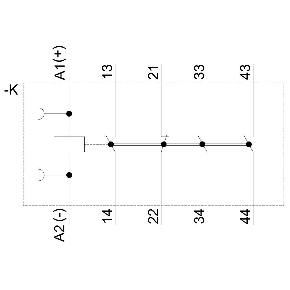 'Schéma zapojení s svorkami: -K, A1 (+), A2 (-), a propojení mezi svorkami 13-14, 21-22, 33-34, 43-44.'