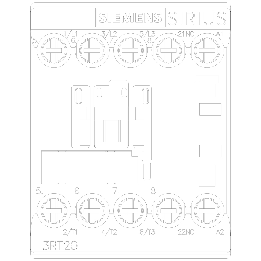 Elektrické stykač Siemens série SIRIUS, model 3RT20. Ukazuje přípojky a podrobné štítky na přední straně.