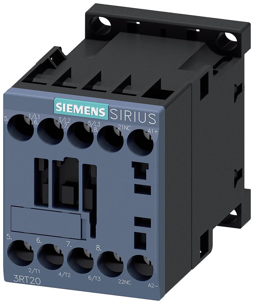 Siemens SIRIUS stykač, model 3RT20, znázorněný s technickými připojovacími svorkami pro průmyslové aplikace.