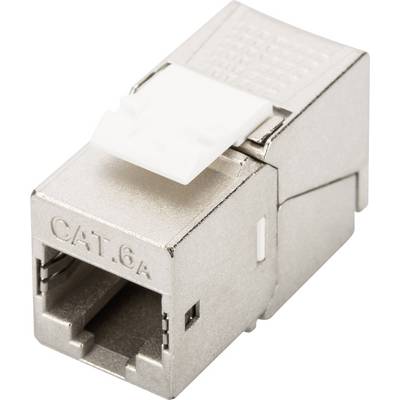 Stříbrný keystonový modul Cat. 6A pro ethernetové připojení s bílou krytkou, používaný při instalaci sítě.
