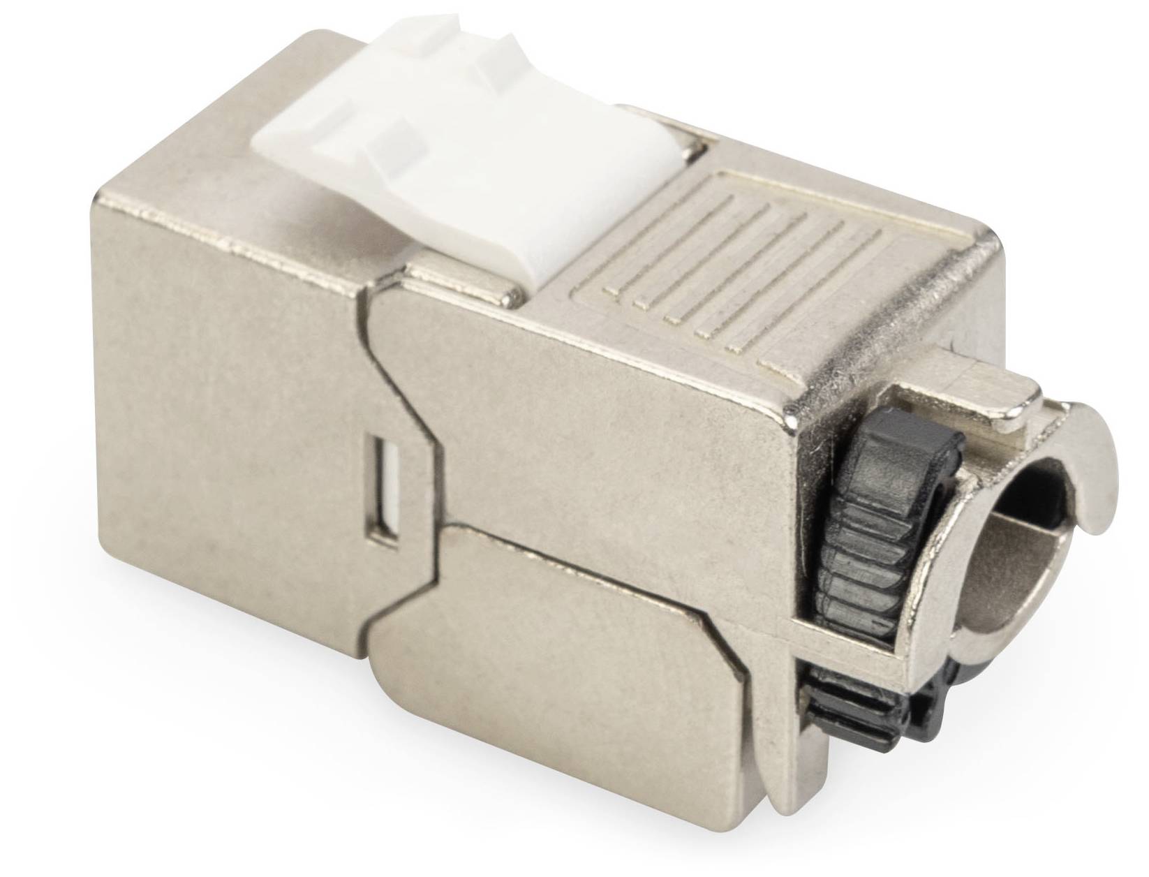 Kovový kryt konektoru RJ45 s plastovou sponou a otvorem, vhodný pro kabelové spoje v síťových instalacích.