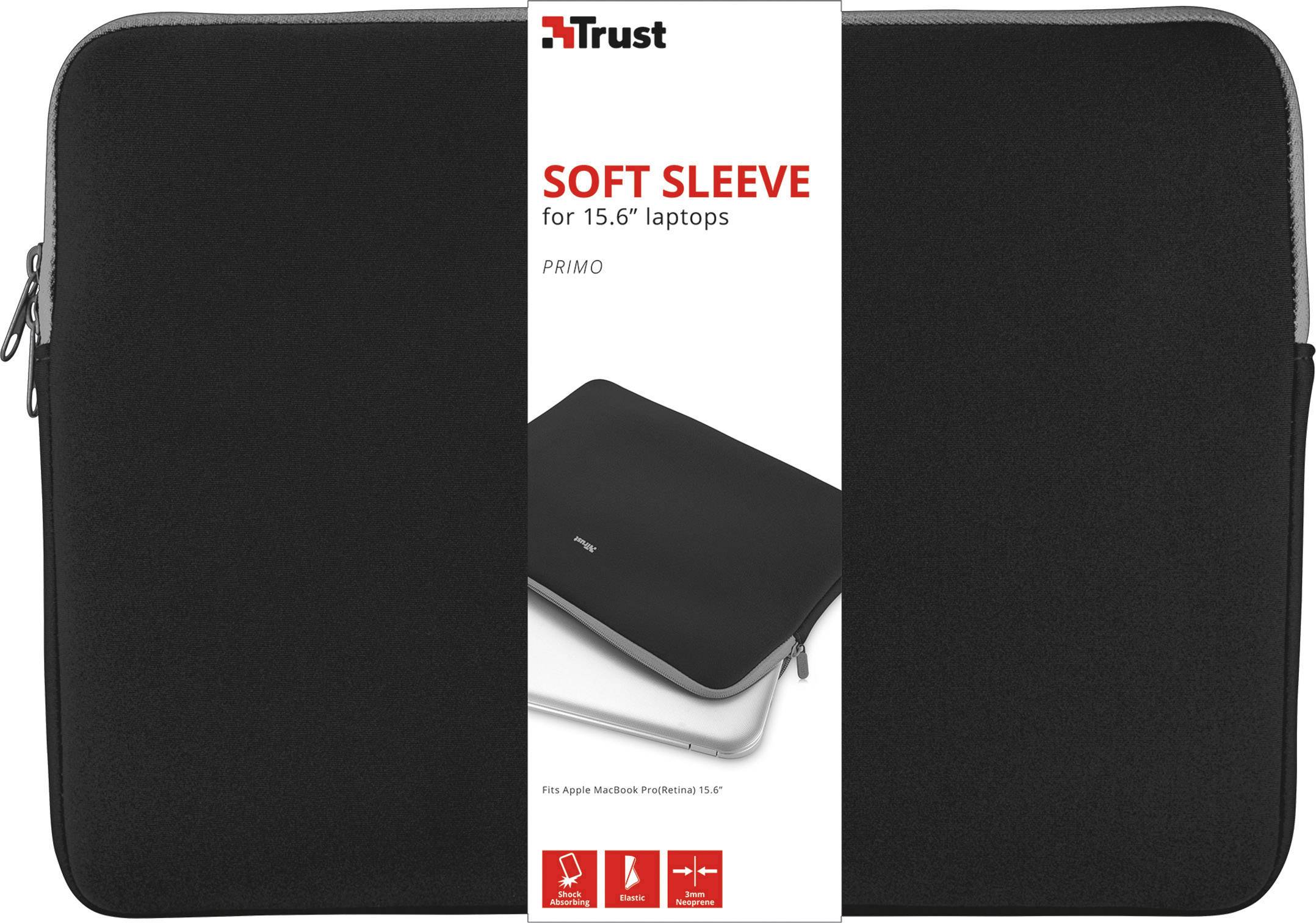Černý obal na notebook 'Trust Primo' pro notebooky o velikosti 15,6 palce. Text na obalu popisuje přesné rozměry a možnosti použití.
