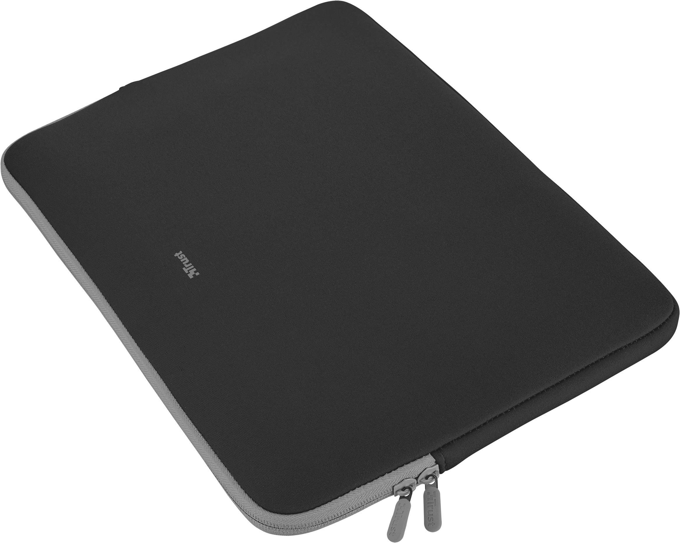 Černé pouzdro na notebook se zipem a šedým lemováním, položené; slouží k ochraně notebooku.