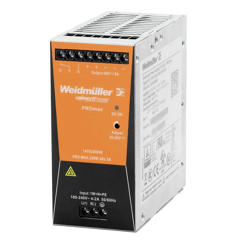 Obrázek ukazuje napájecí zdroj Weidmüller PROmax. Má výstupní výkon 240 W s 48 V a 5 A. Je vhodný pro průmyslové aplikace.