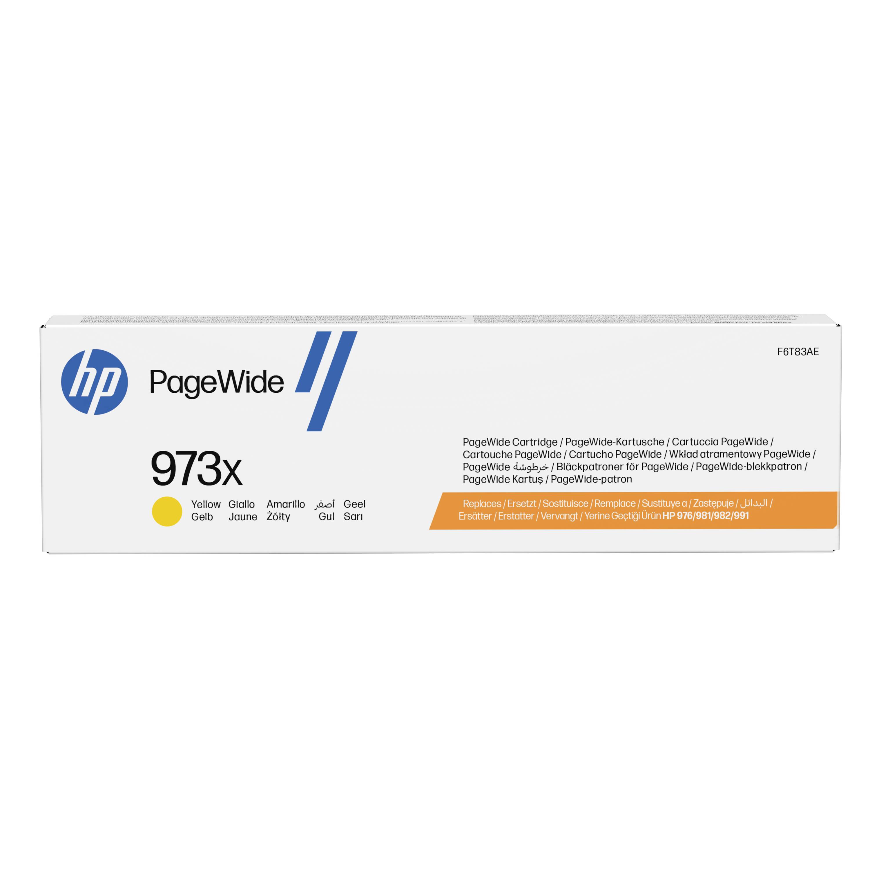 Krabice toneru HP PageWide 973x žlutá s logem HP a vícejazyčným popisem.
