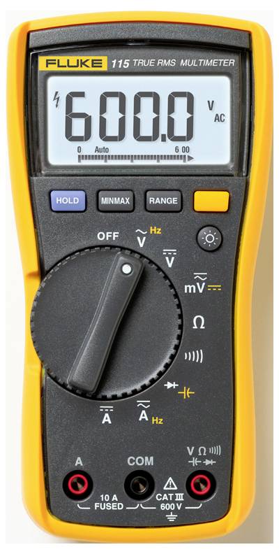 Digitální multimetr se zobrazením '600.0 V AC', model 'Fluke 115 True RMS', žluto-černé pouzdro, různé měřicí funkce.