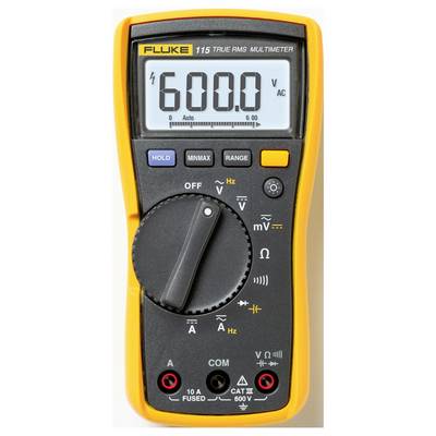 Digitální multimetr se zobrazením '600.0 V AC', model 'Fluke 115 True RMS', žluto-černé pouzdro, různé měřicí funkce.