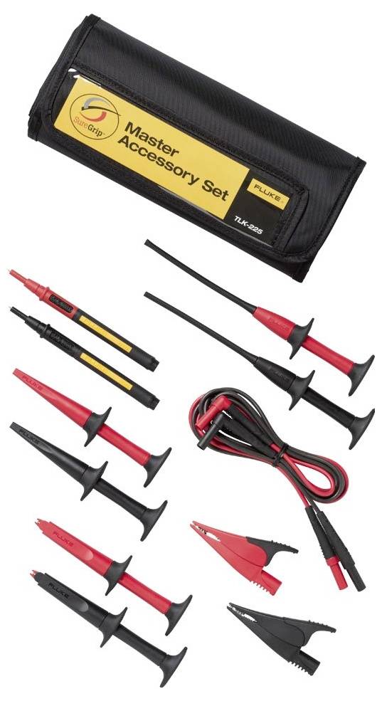 Obrázek zobrazuje 'Master Accessory Set' sestávající z různých červených a černých elektrických testovacích nástrojů a kabelů v tašce.