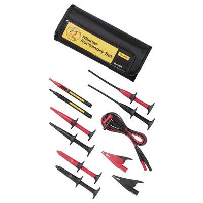 Obrázek zobrazuje 'Master Accessory Set' sestávající z různých červených a černých elektrických testovacích nástrojů a kabelů v tašce.