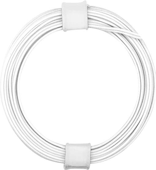 Bílý, svinutý kabel uspořádaný do kruhu, upevněný dvěma stahovacími pásky.