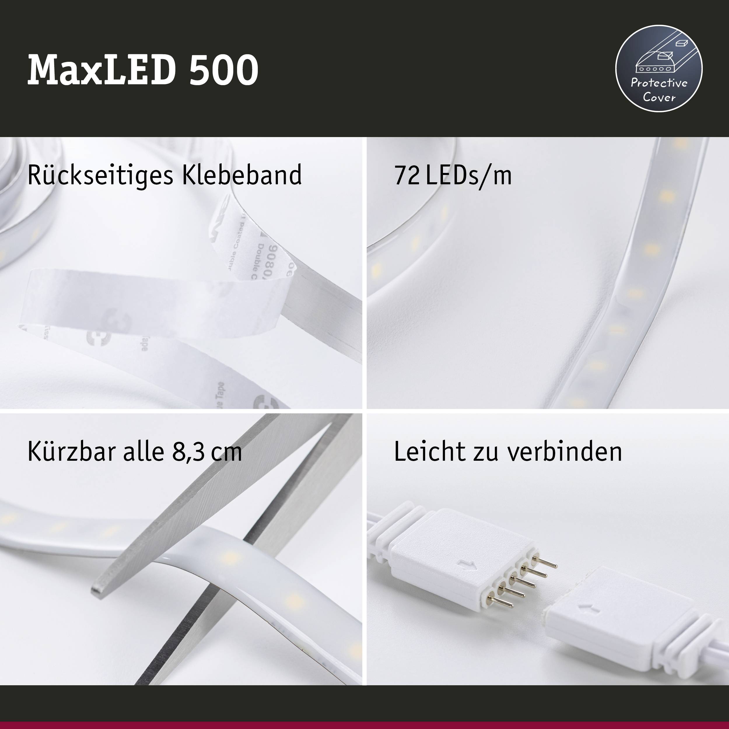 MaxLED 500 světelný pás: Lepicí páska na zadní straně, 72 LED/m, zkracovatelný po 8,3 cm, snadno propojitelný.