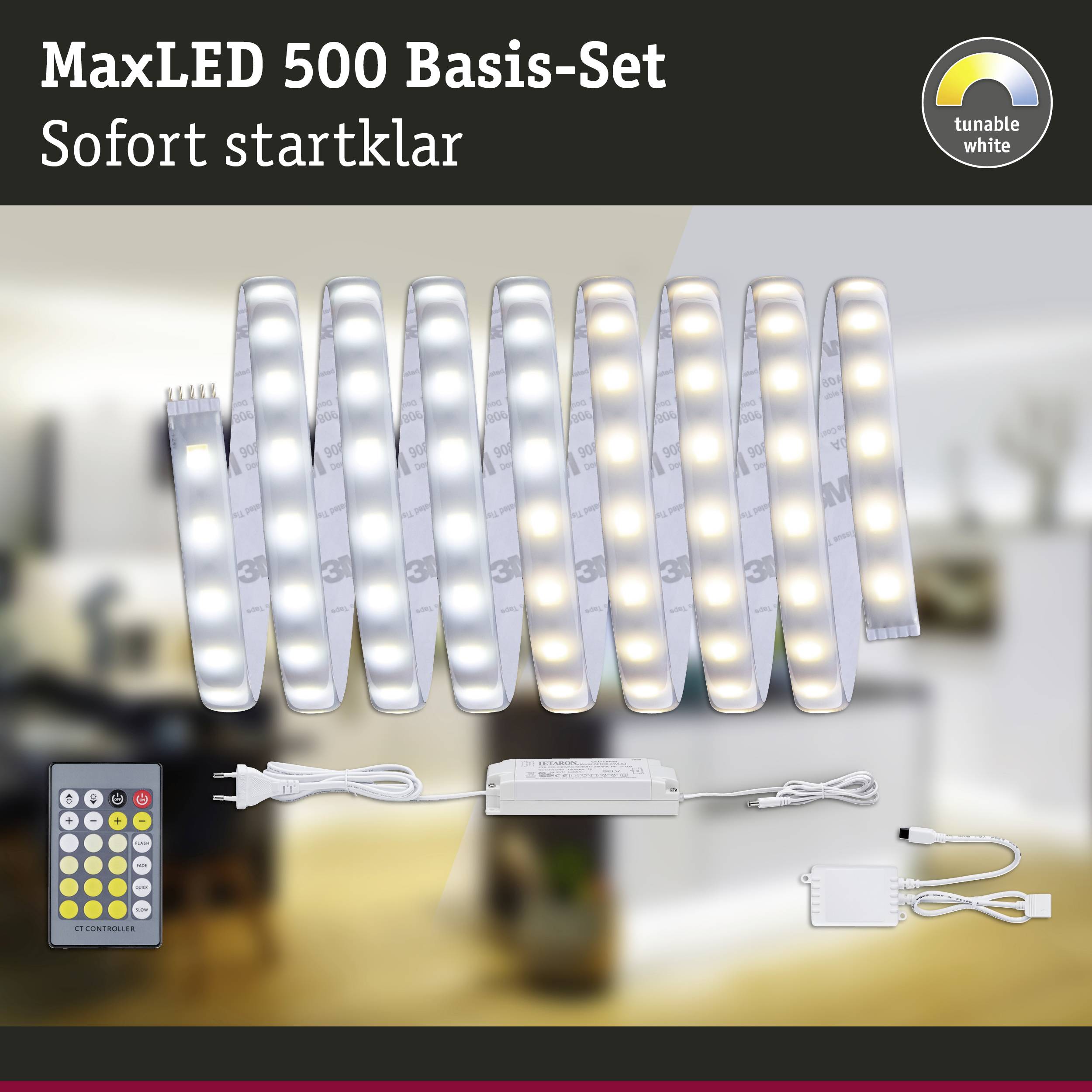 MaxLED 500 základní sada s LED páskem, dálkovým ovladačem a napájecím zdrojem. Text: 'Okamžitě připraveno k použití'. Znázorněna funkce Tunable White.
