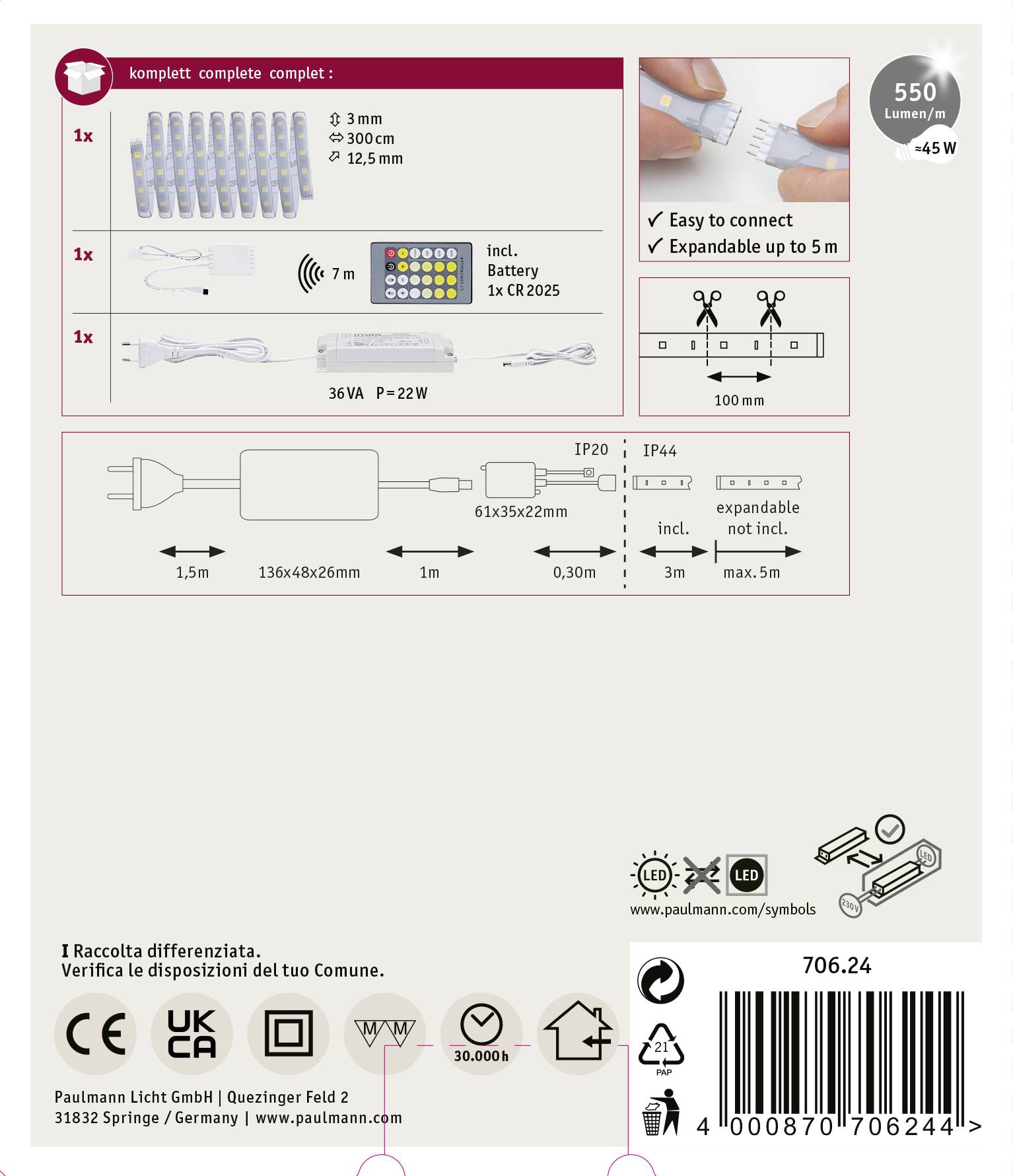 Sada LED pásku: Kompletní sada s LED páskem (3 m), dálkovým ovládáním, bateriemi, adaptérem. Rozšířitelná až na 5 m. 550 lumenů, 45W.
