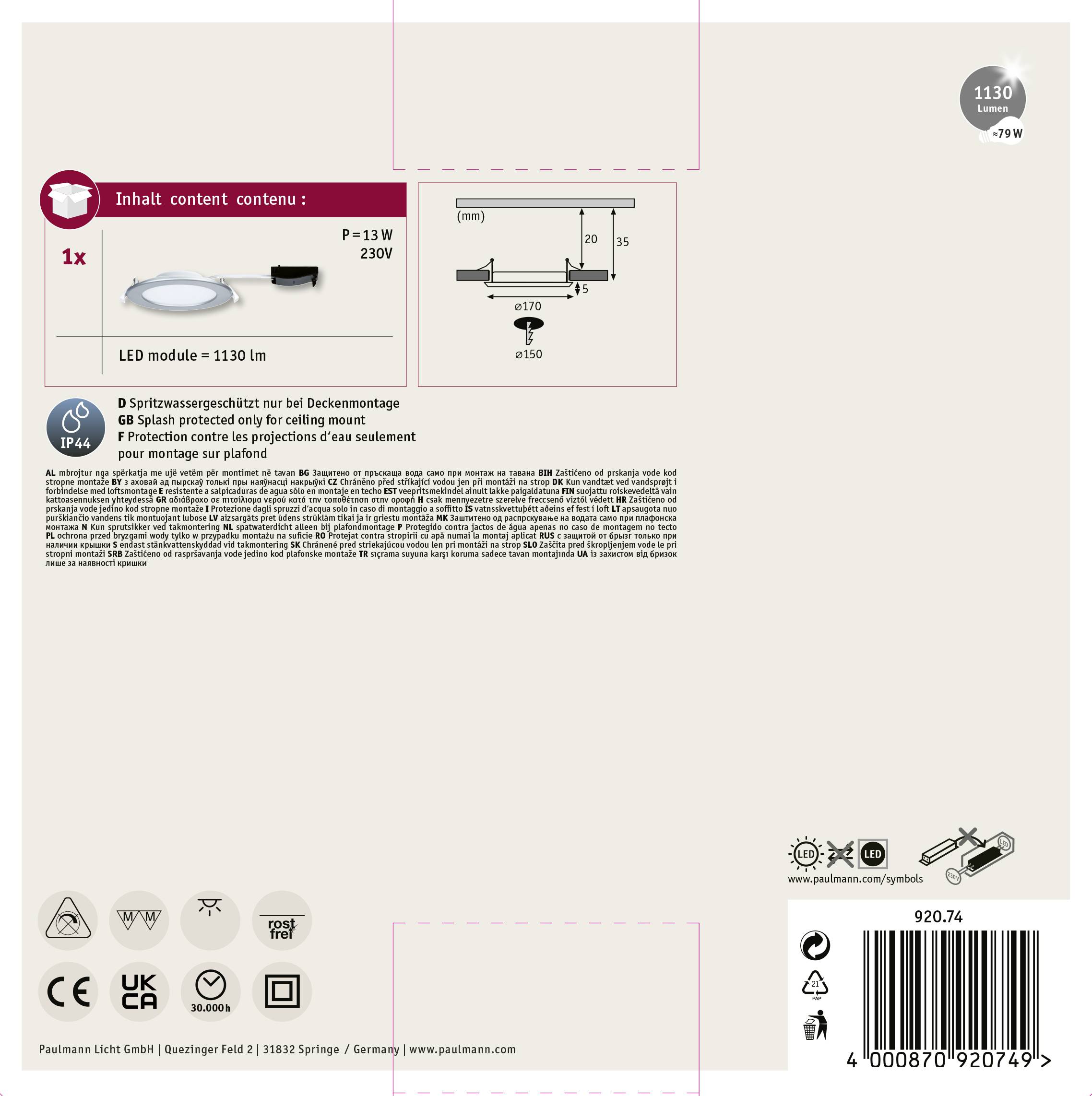 Zadní strana obalu stropního svítidla. Zobrazuje název produktu, LED modul (1130 lm, 13W, 230V), stupeň krytí a montážní pokyny.