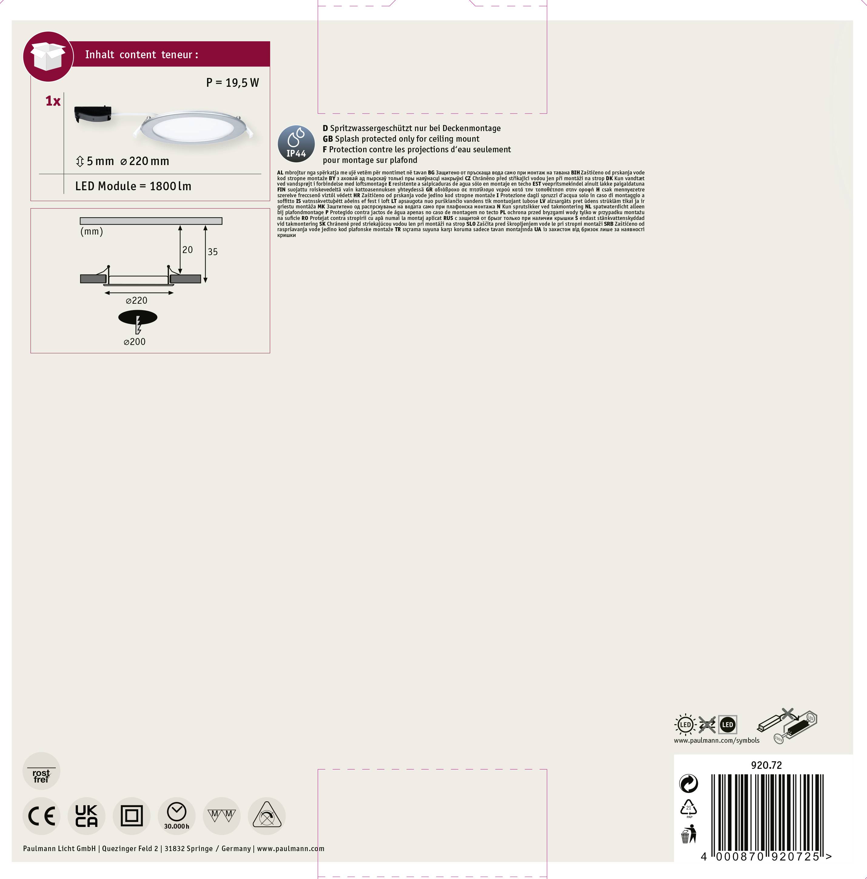 LED stropní svítidlo, kulaté, 19,5W, průměr 220 mm, 1800 lm. Úsporné a snadné na instalaci. Zadní strana obalu obsahuje montážní pokyny.
