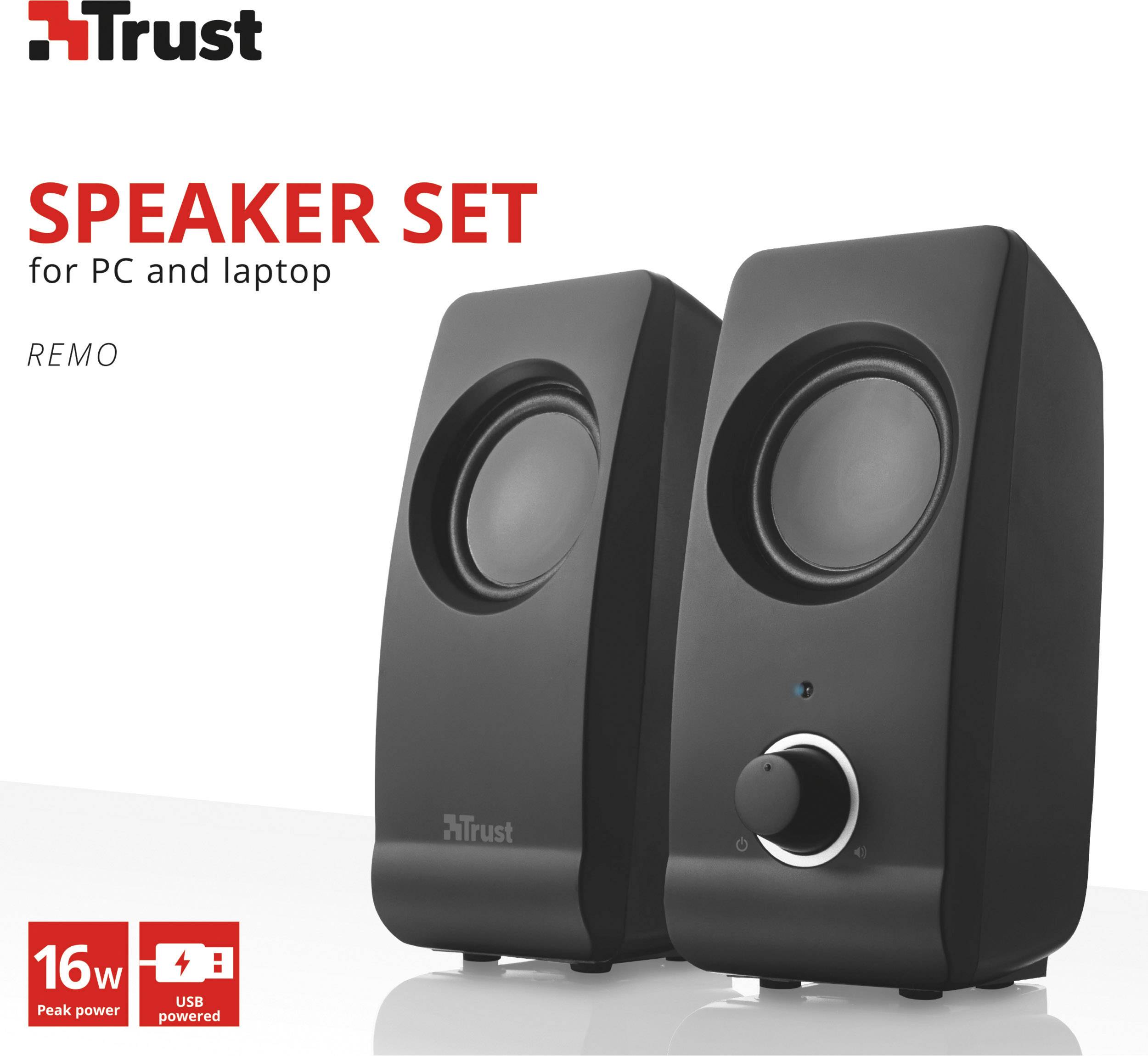 Dva černé reproduktory s ovladačem hlasitosti. Popis: 'Reproduktorová sada pro PC a notebook, špičkový výkon 16 W, napájení přes USB'.