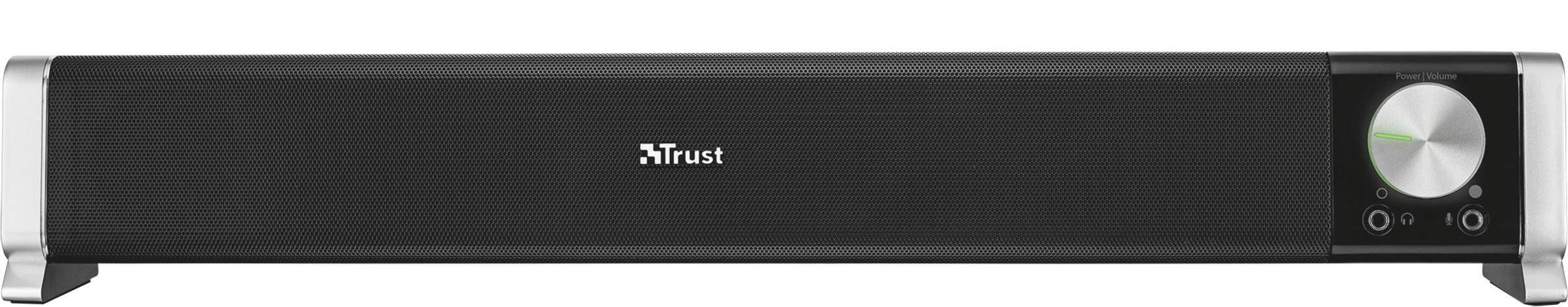 Černý soundbar reproduktor od Trust se stříbrnými detaily a velkým ovladačem hlasitosti vpravo.