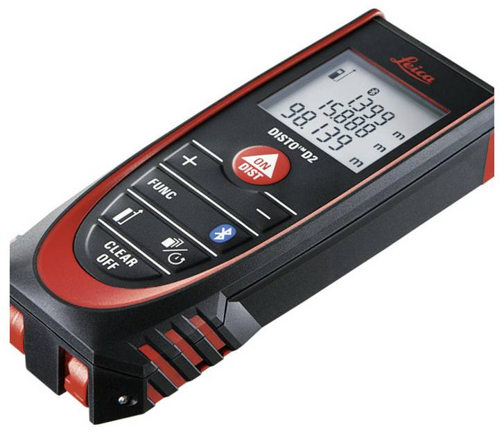 Digitální laserový dálkoměr zobrazující na displeji měření '98,139 m'. Přístroj má tlačítka pro 'FUNC', 'CLEAR OFF' a 'ON/DIST'.