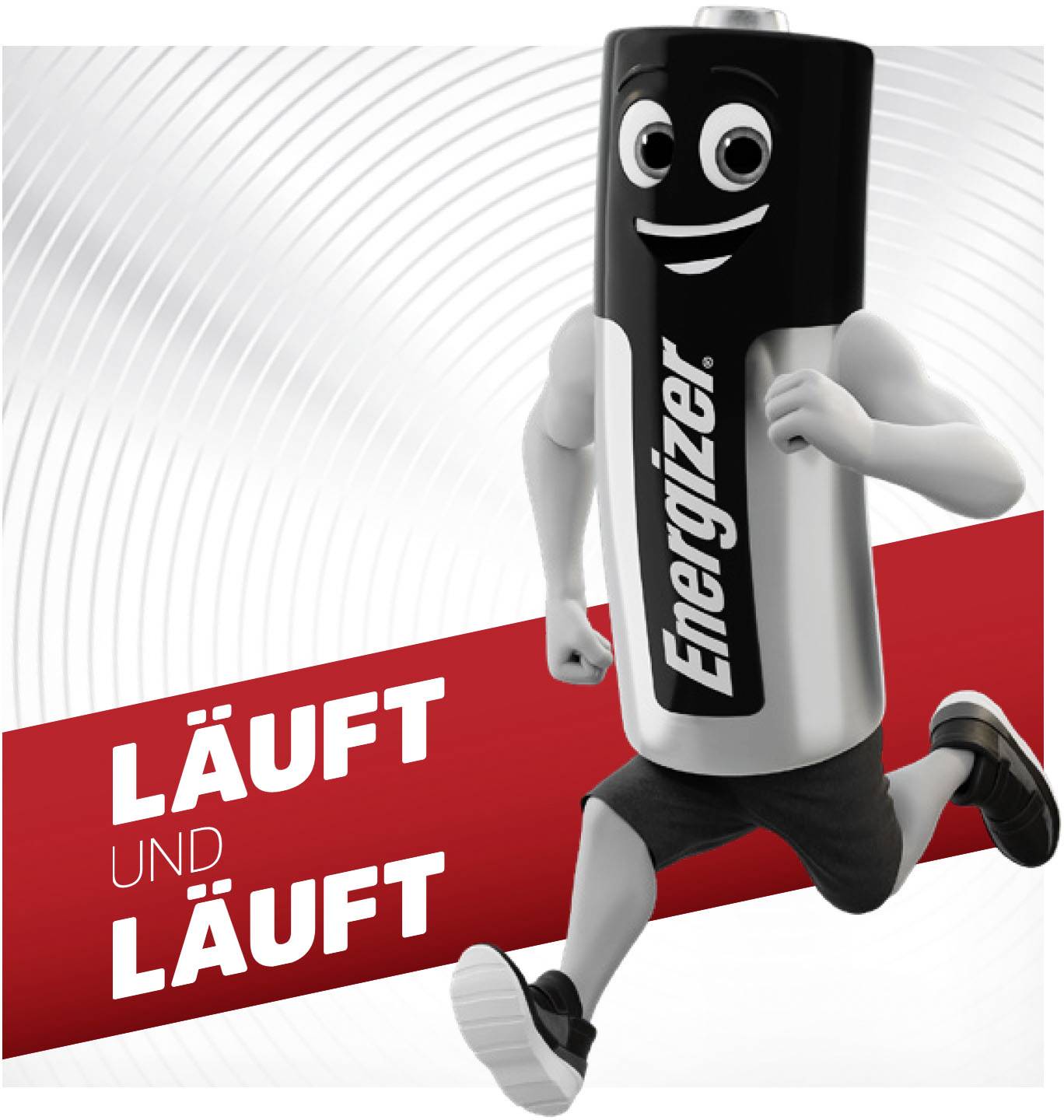Běžící bateriový maskot s logem Energizeru v černé a červené barvě. Text říká 'Běží a běží', naznačuje dlouhotrvající energii.