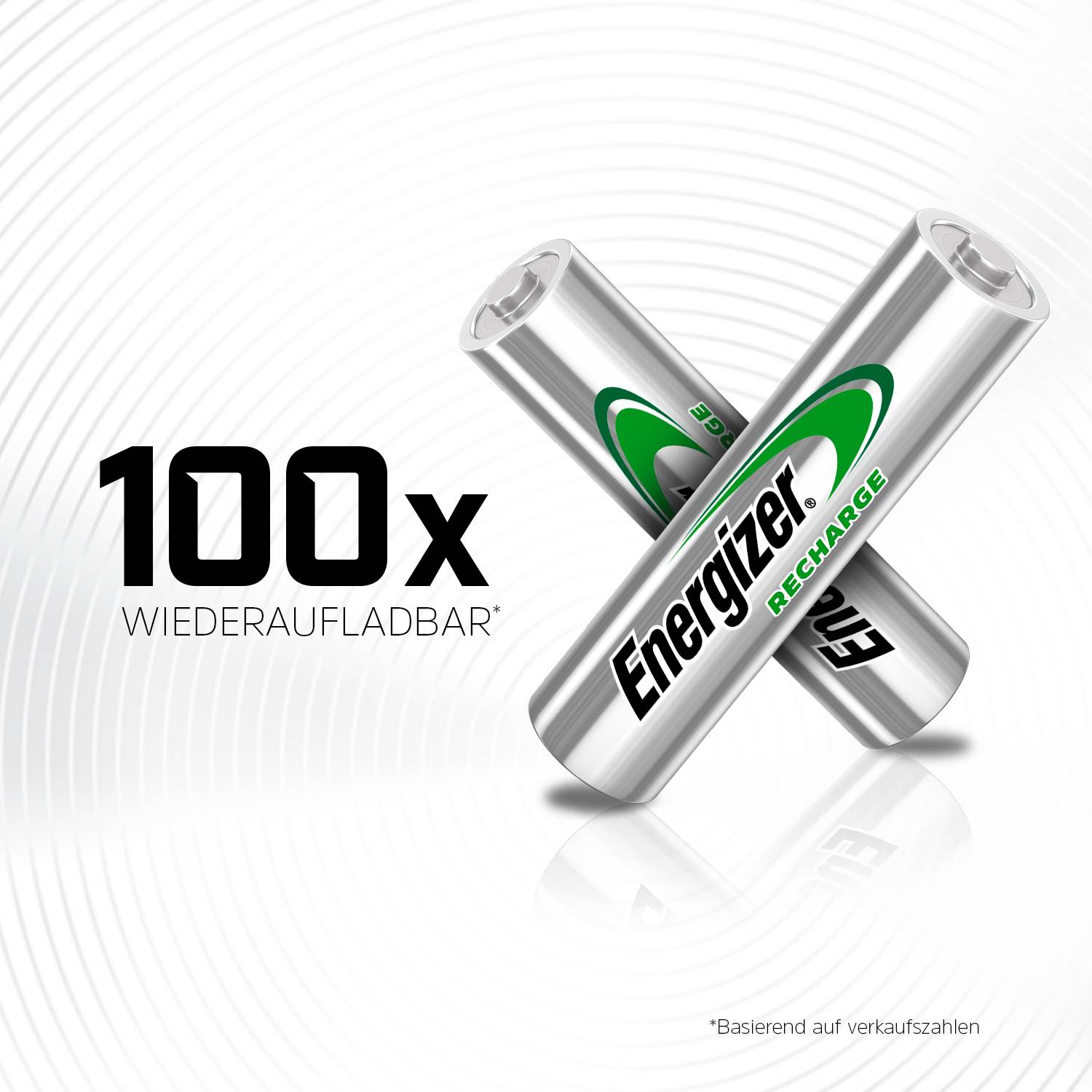 Akumulátory Energizer, dobíjitelné až 100x. Dvě baterie uspořádané do kříže s zeleným potiskem "RECHARGE".