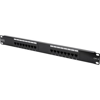 Patch panel se 16 porty pro kabely CAT.6, vhodný pro síťové zapojení v serverovnách. Porty jsou viditelně označeny čísly.