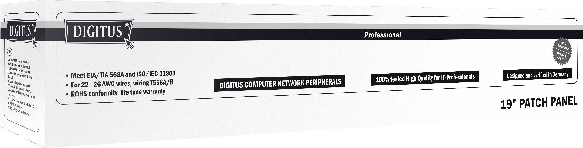 Balení 19" patch panelu od Dígitusu, kompatibilní s normami EIA/TIA 568A/B, vhodný pro vodiče 22–26 AWG, splňující směrnici RoHS, s doživotní zárukou.