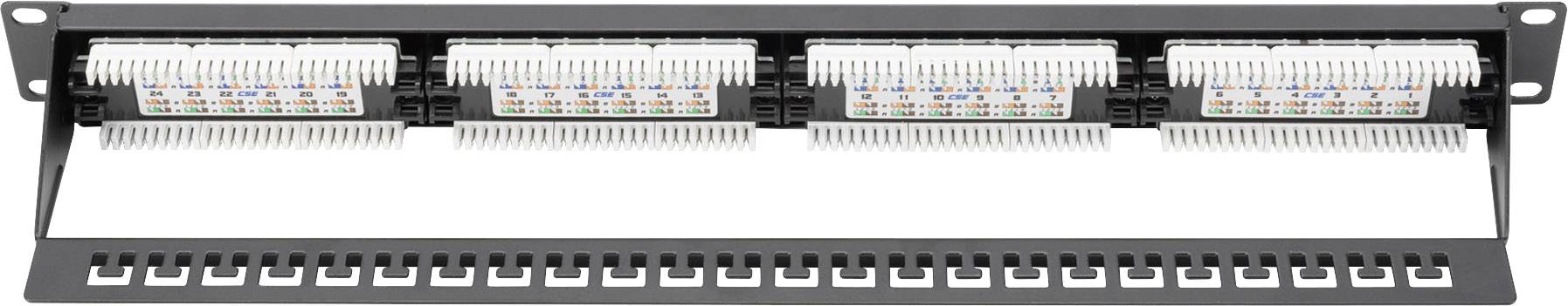 Patch panel s RJ45 zásuvkami, vhodný pro síťové kabeláže, zobrazuje barevně rozlišené připojovací moduly pro snadnou instalaci a správu.