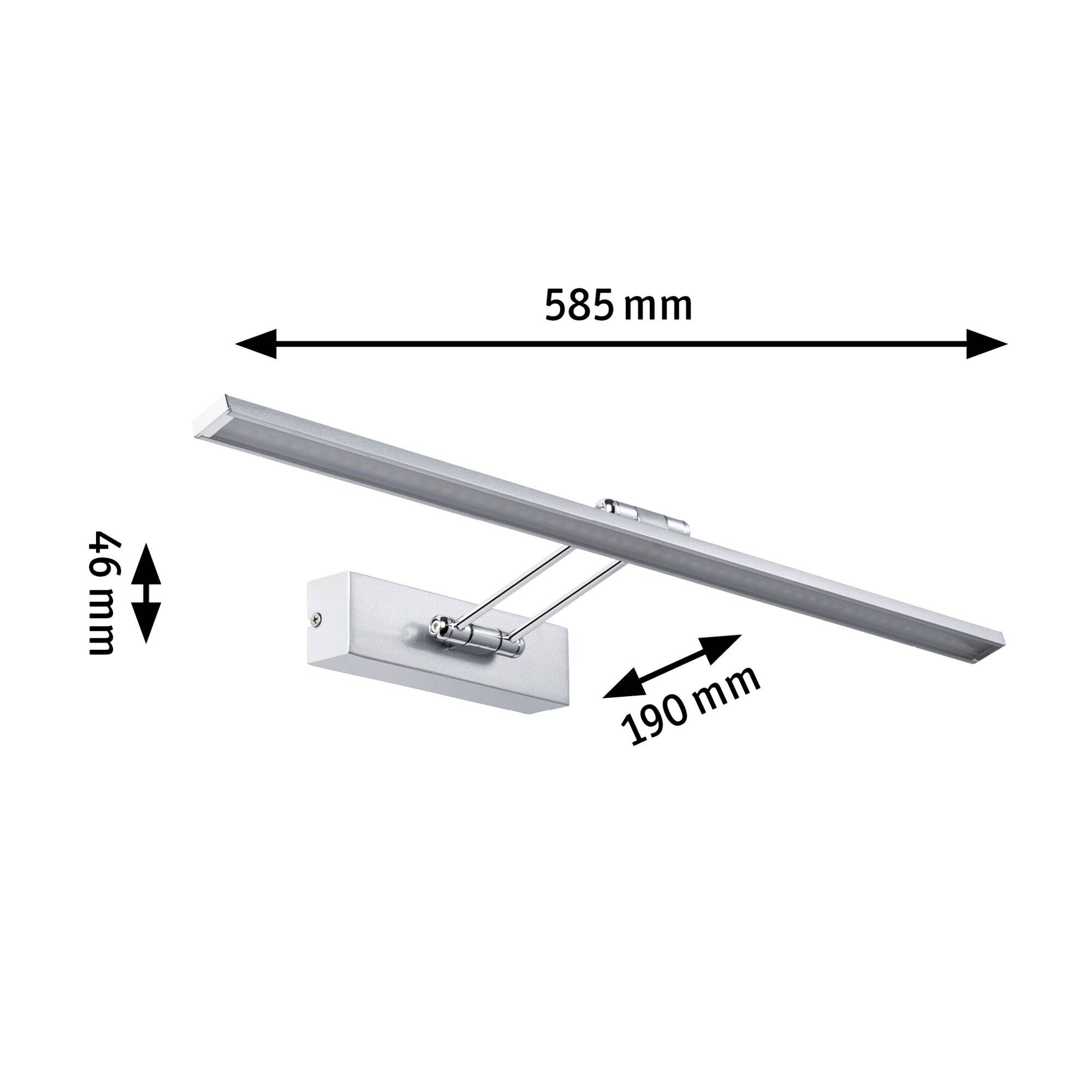 Nástěnná LED osvětlení obrazů v stříbrné barvě, rozměry: šířka 585 mm, hloubka 190 mm, výška 46 mm, ideální pro osvětlení uměleckých děl.