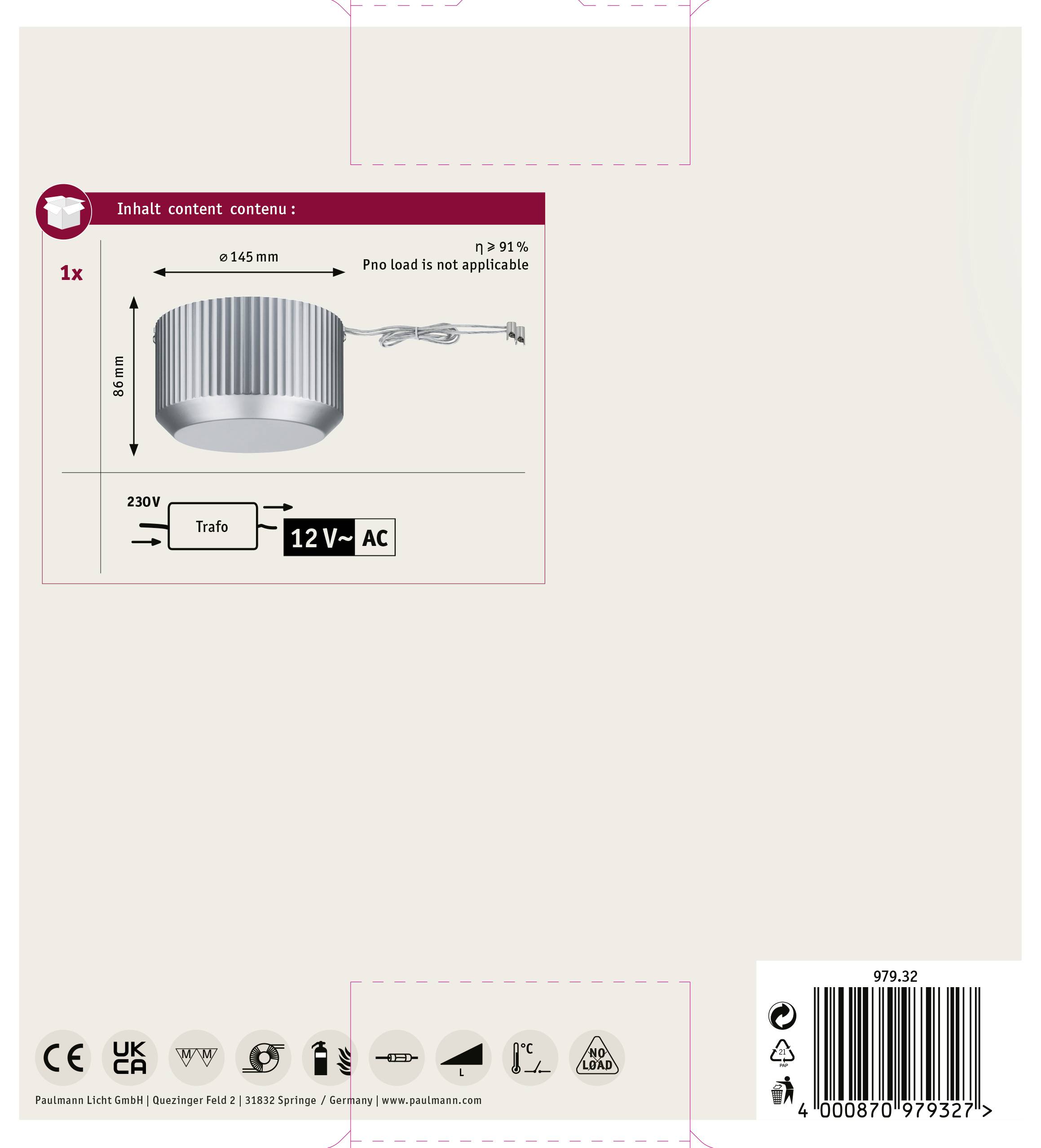 Produktový obal s obrázkem napájecího adaptéru a technickými specifikacemi: vstup 230V, výstup 12V AC, bez zátěže.