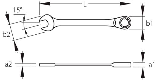 Diagram klíče s vyznačenými rozměry: L (délka), a1, a2, b1, b2 (šířky) a úhel 15 stupňů. Zobrazeny boční a horní pohled.