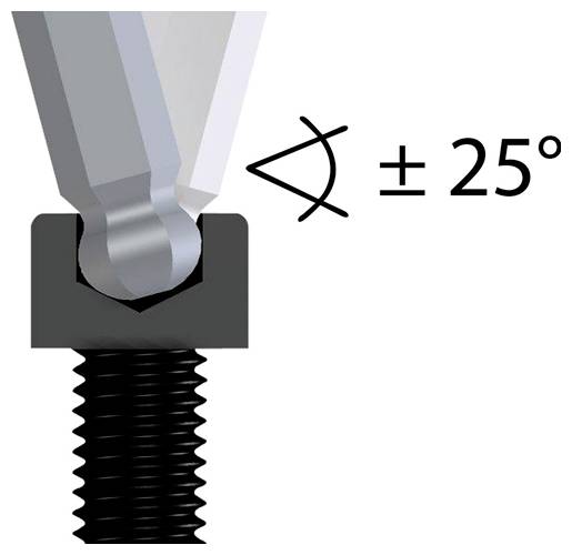Kovový kloubový prvek umožňuje úhlové nastavení plus nebo minus 25 stupňů, což demonstruje rotační schopnost v konstrukčním řešení.