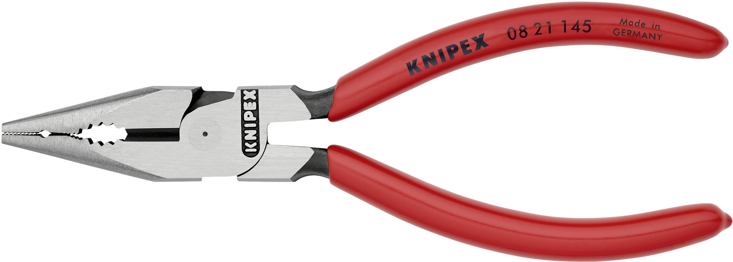 Červené kombinované kleště s nápisem 'KNIPEX' na rukojeti. Byly vyrobeny v Německu.