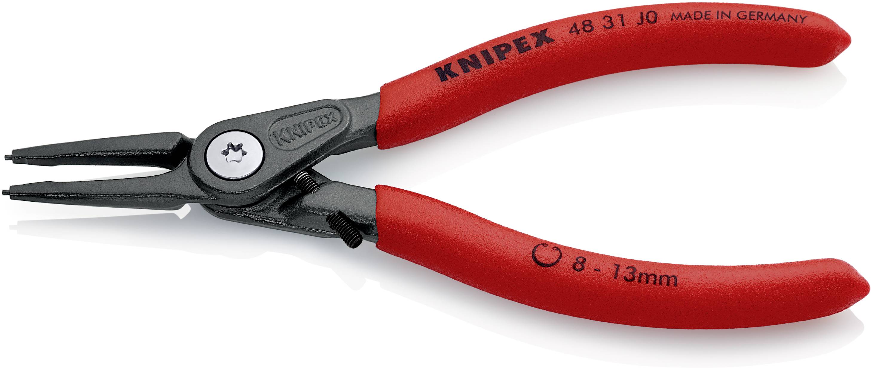 Červené kleště s nápisem 'Knipex 48 31 J0' a údajem o velikosti '8 - 13mm' na rukojetích.