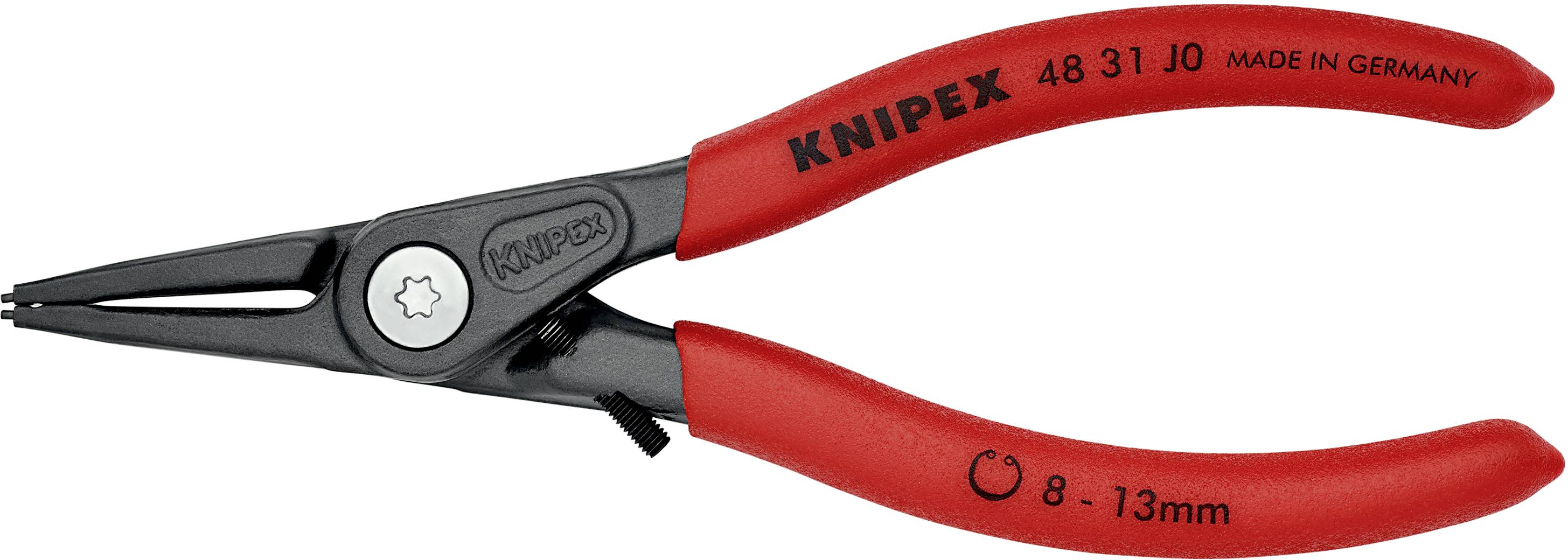 Červené kleště KNIPEX na pojistné kroužky s černou rukojetí, vhodné pro pojistné kroužky o průměru 8-13 mm, vyrobené v Německu.