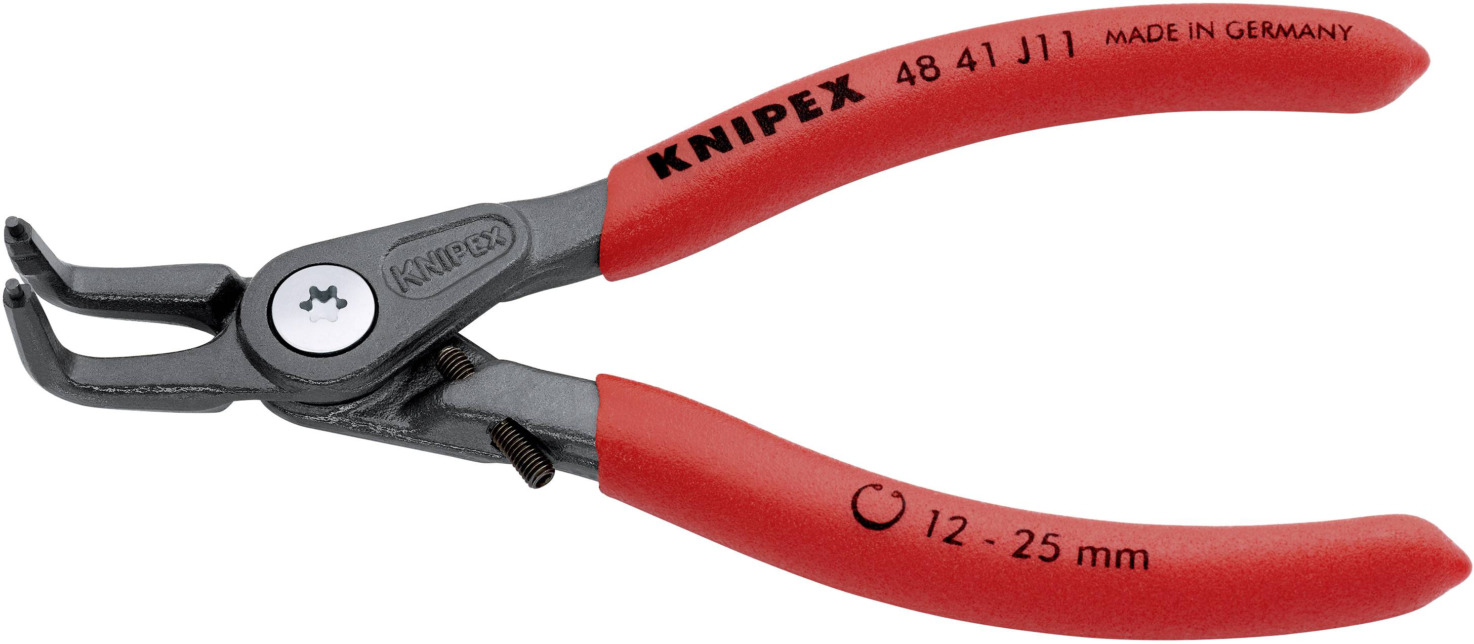 Červené KNIPEX kleště s ohnutými čelistmi, vhodné pro vnitřní pojistné kroužky od 12 do 25 mm. Nápis 'Made in Germany'.